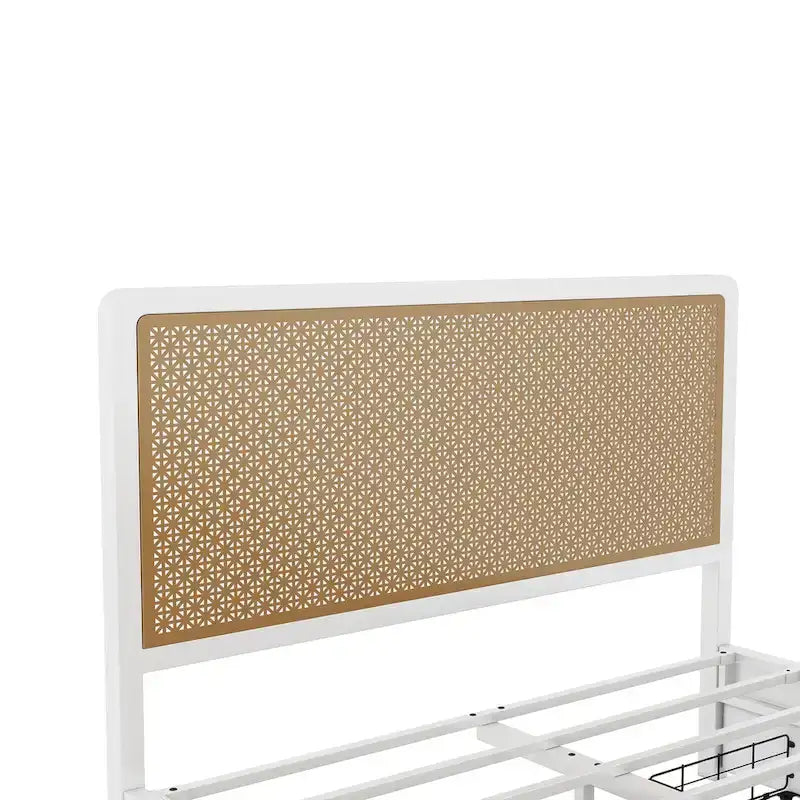 Lit plate-forme en métal blanc et doré avec 2 tiroirs, Queen, 2 couchages