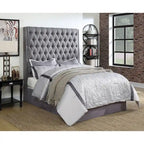 Tête de lit capitonnée en tissu gris – avec boutons touffetés, King / Queen