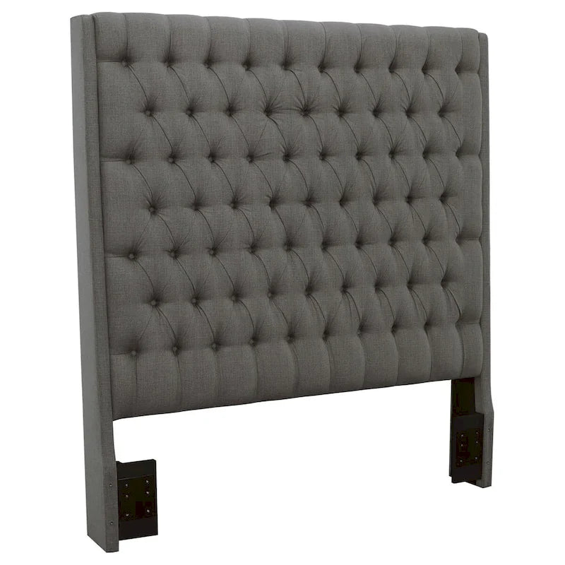 Tête de lit capitonnée en tissu gris – avec boutons touffetés, King / Queen