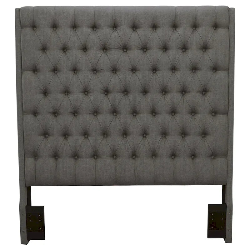 Tête de lit capitonnée en tissu gris – avec boutons touffetés, King / Queen