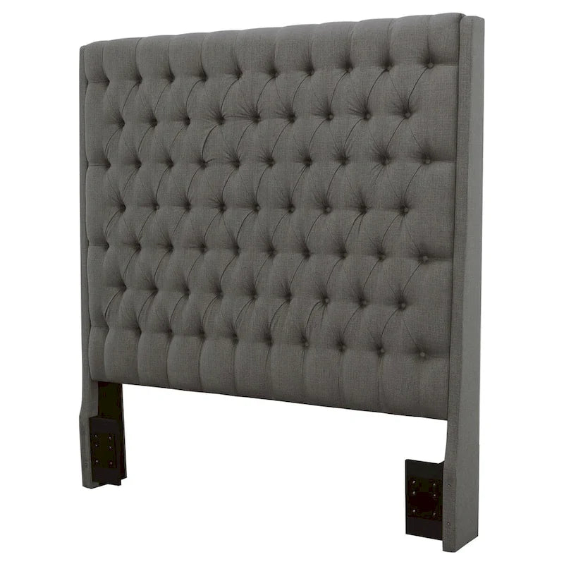 Tête de lit capitonnée en tissu gris – avec boutons touffetés, King / Queen
