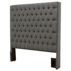 Tête de lit capitonnée en tissu gris – avec boutons touffetés, King / Queen