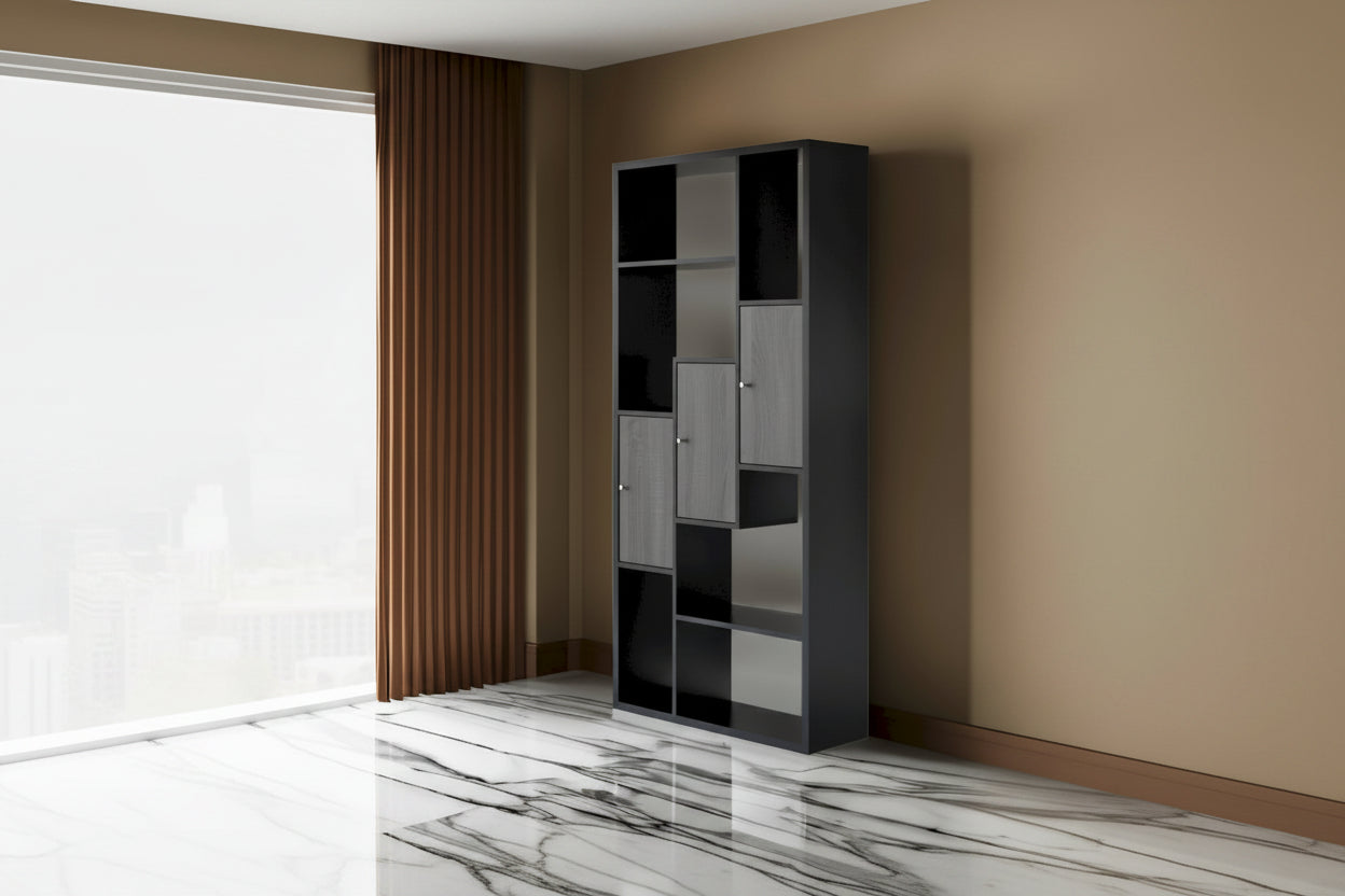 69 Inch Modern Display Cabinet with 7 Multilevel Shelves, 3 Doors, Black