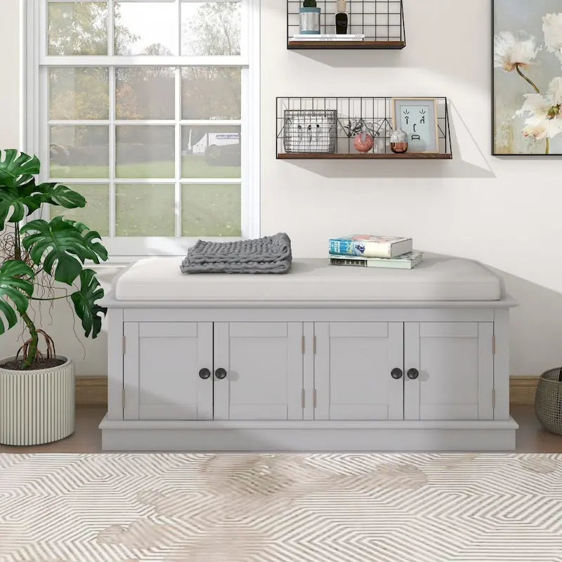 Banc de rangement 4 portes avec coussin, 1 personne, Blanc / Gris / Espresso / Bleu marine