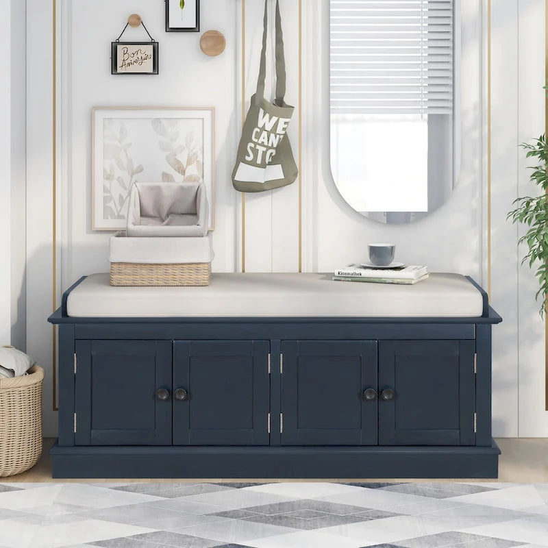 Banc de rangement 4 portes avec coussin, 1 personne, Blanc / Gris / Espresso / Bleu marine