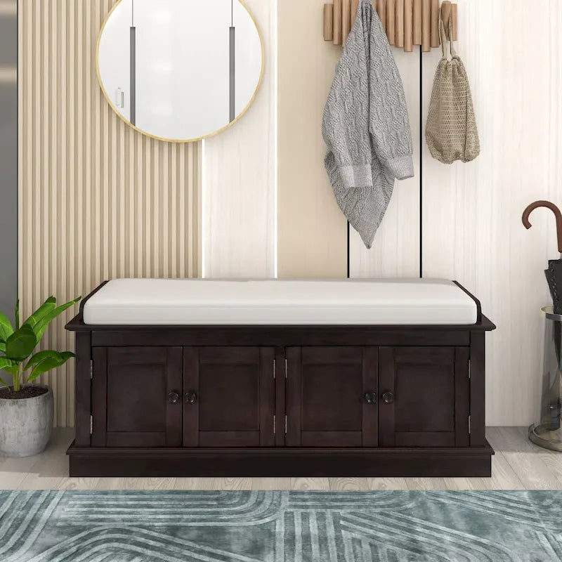 Banc de rangement 4 portes avec coussin, 1 personne, Blanc / Gris / Espresso / Bleu marine