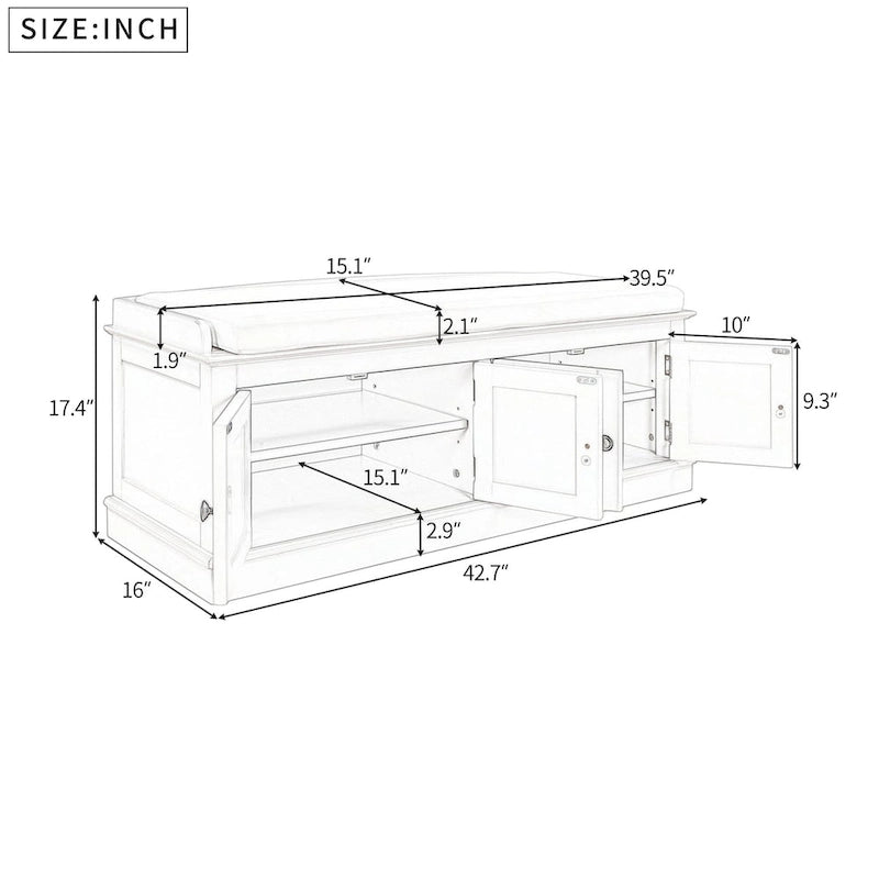 Banc de rangement 4 portes avec coussin, 1 personne, Blanc / Gris / Espresso / Bleu marine