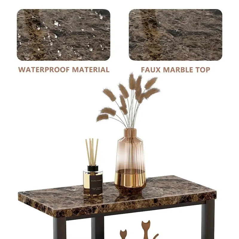 Table d'appoint à 3 niveaux, plateau en imitation marbre et pieds en métal, carrée/ronde, blanc/marron