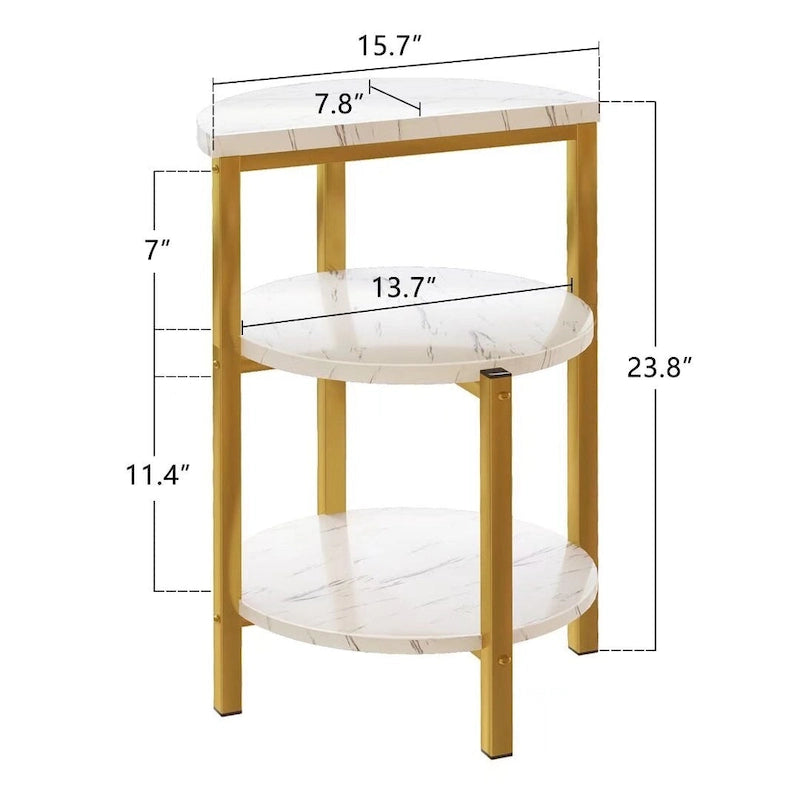 Table d'appoint à 3 niveaux, plateau en imitation marbre et pieds en métal, carrée/ronde, blanc/marron