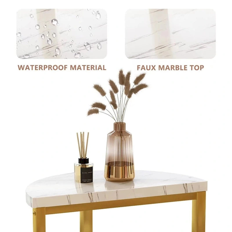 Table d'appoint à 3 niveaux, plateau en imitation marbre et pieds en métal, carrée/ronde, blanc/marron