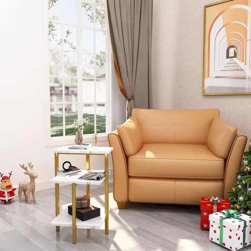 Table d'appoint à 3 niveaux, plateau en imitation marbre et pieds en métal, carrée/ronde, blanc/marron