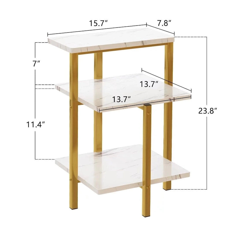 Table d'appoint à 3 niveaux, plateau en imitation marbre et pieds en métal, carrée/ronde, blanc/marron