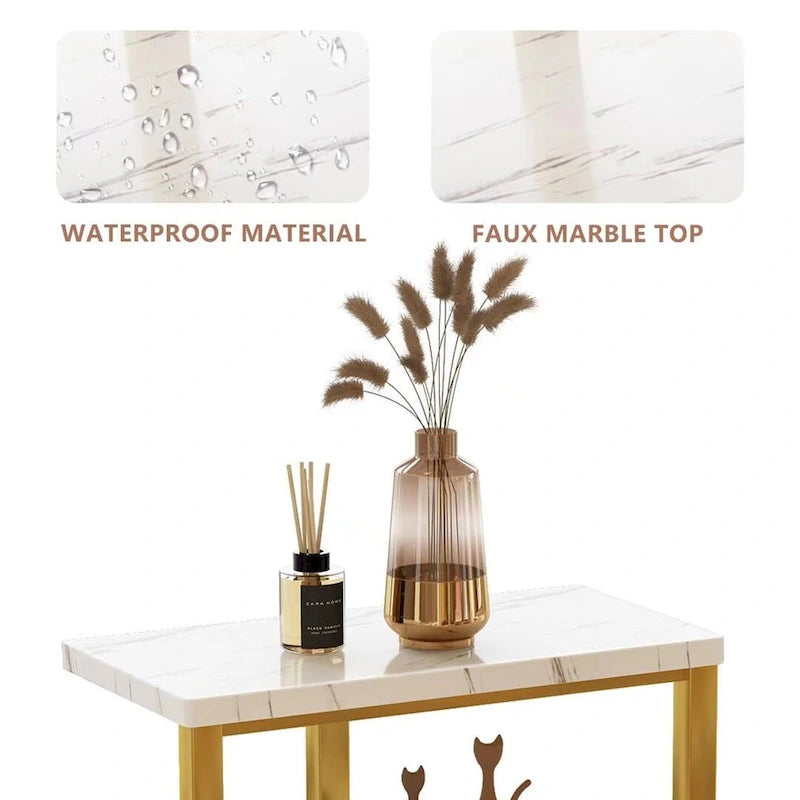 Table d'appoint à 3 niveaux, plateau en imitation marbre et pieds en métal, carrée/ronde, blanc/marron