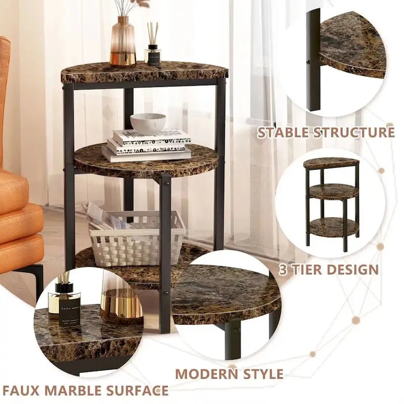 Table d'appoint à 3 niveaux, plateau en imitation marbre et pieds en métal, carrée/ronde, blanc/marron
