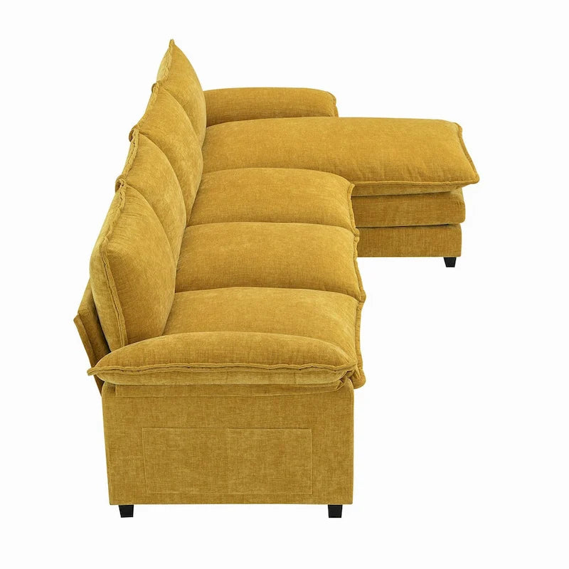 Canapé d'angle en chenille, gingembre/beige/gris/bleu marine foncé, 5 places