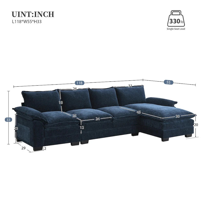 Canapé d'angle en chenille, gingembre/beige/gris/bleu marine foncé, 5 places