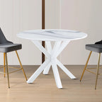 Table à manger ronde en MDF et pieds en métal, plateau en marbre blanc / noir / blanc, 4 places