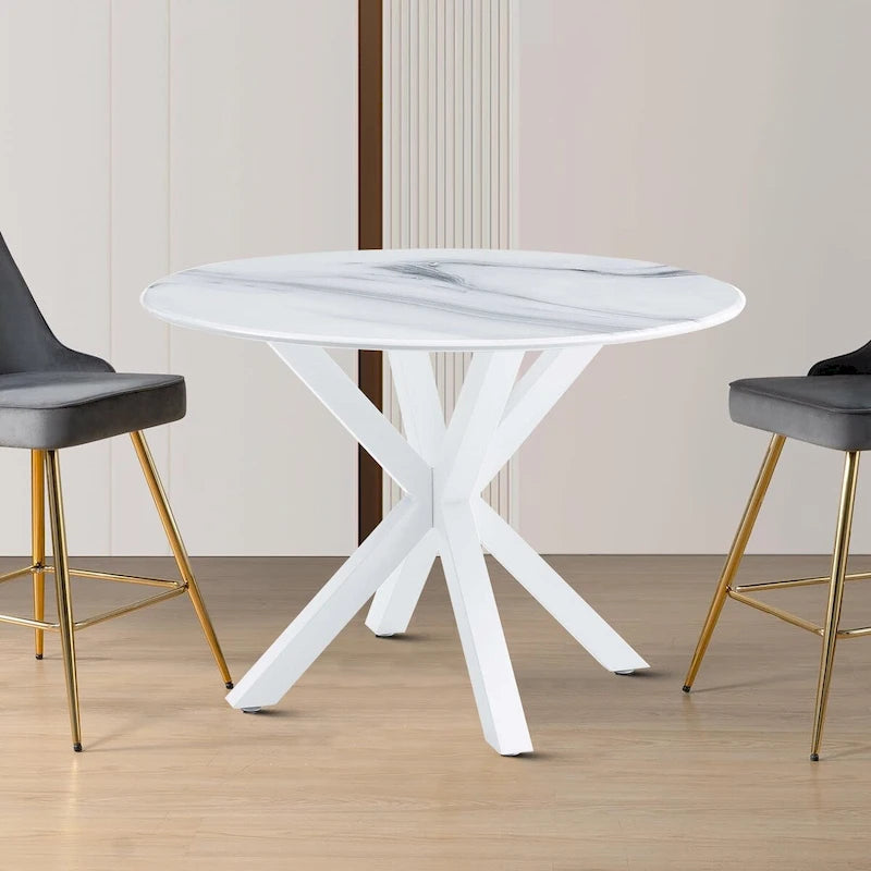 Table à manger ronde en MDF et pieds en métal, plateau en marbre blanc / noir / blanc, 4 places