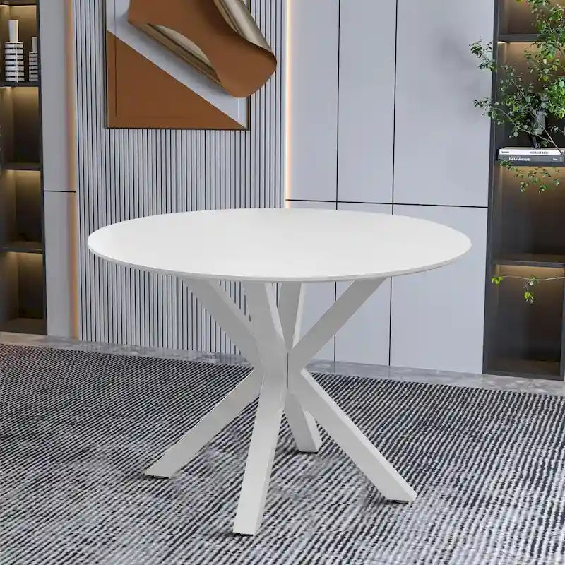 Table à manger ronde en MDF et pieds en métal, plateau en marbre blanc / noir / blanc, 4 places