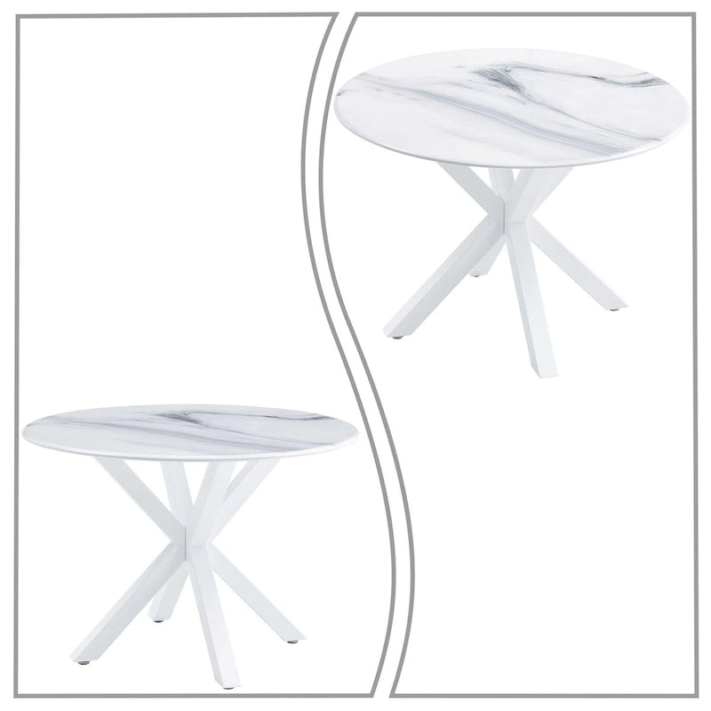 Table à manger ronde en MDF et pieds en métal, plateau en marbre blanc / noir / blanc, 4 places