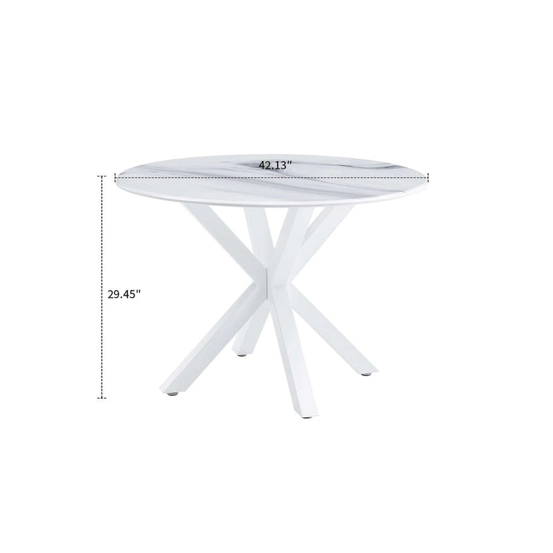 Table à manger ronde en MDF et pieds en métal, plateau en marbre blanc / noir / blanc, 4 places
