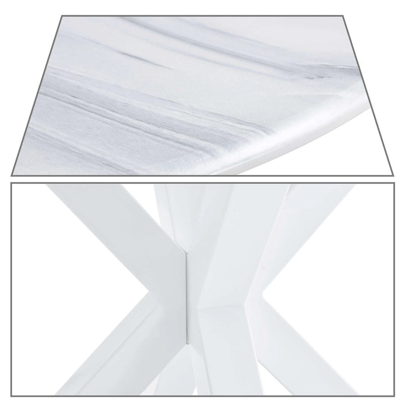 Table à manger ronde en MDF et pieds en métal, plateau en marbre blanc / noir / blanc, 4 places