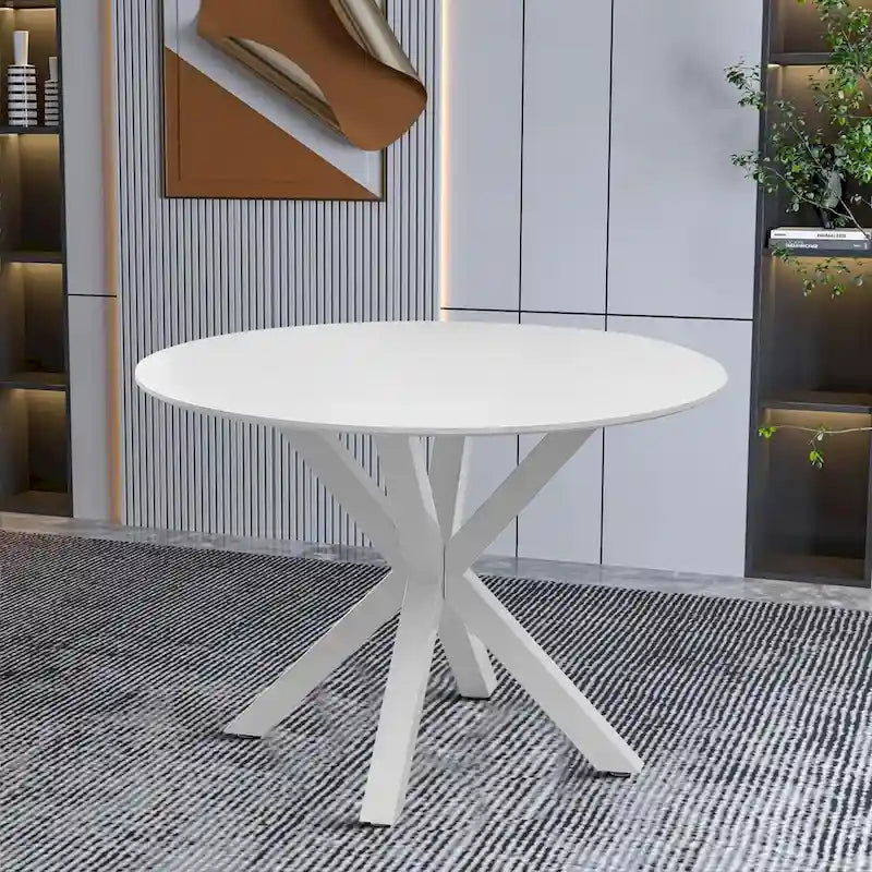 Table à manger ronde en MDF et pieds en métal, plateau en marbre blanc / noir / blanc, 4 places