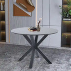 Table à manger ronde en MDF et pieds en métal, plateau en marbre blanc / noir / blanc, 4 places