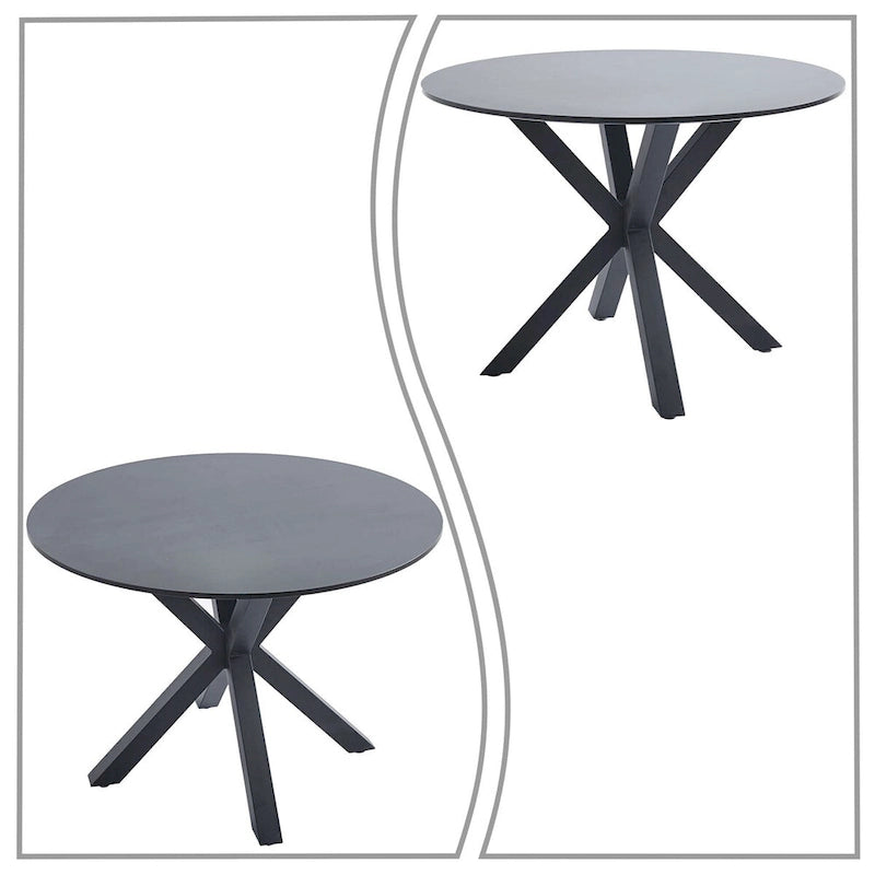 Table à manger ronde en MDF et pieds en métal, plateau en marbre blanc / noir / blanc, 4 places