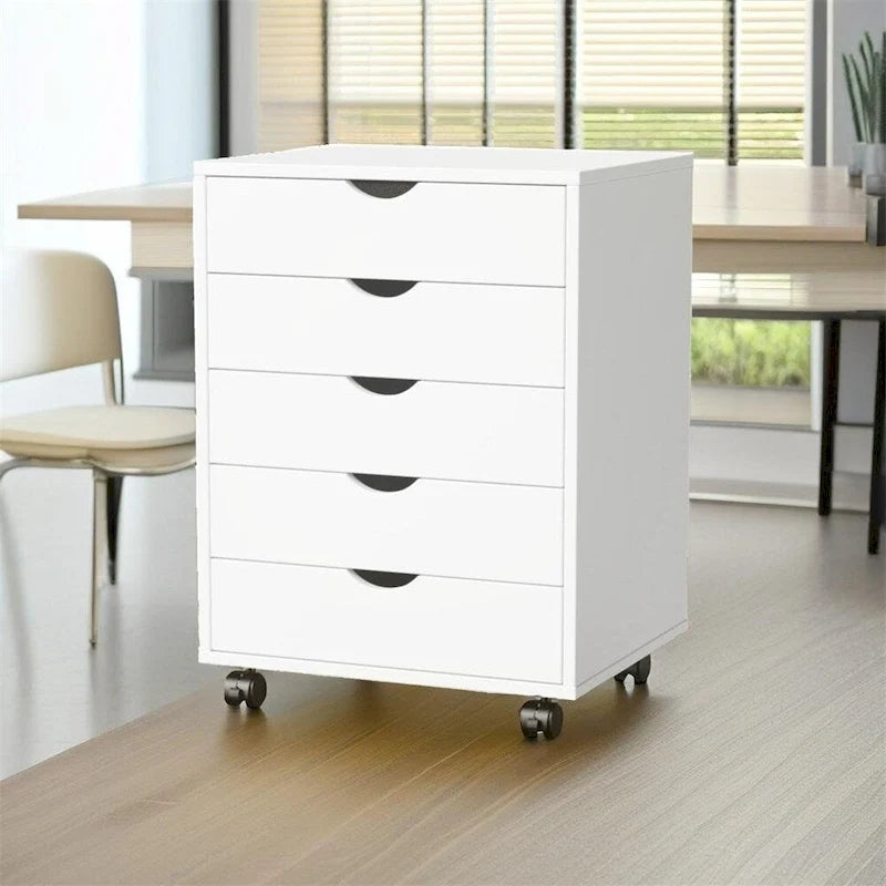 Commode de rangement à 5 tiroirs avec roulettes, Blanc/Noir, Montage à 1 personne