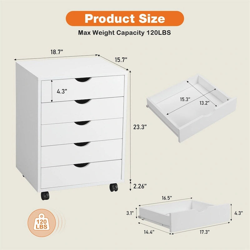 Commode de rangement à 5 tiroirs avec roulettes, Blanc/Noir, Montage à 1 personne