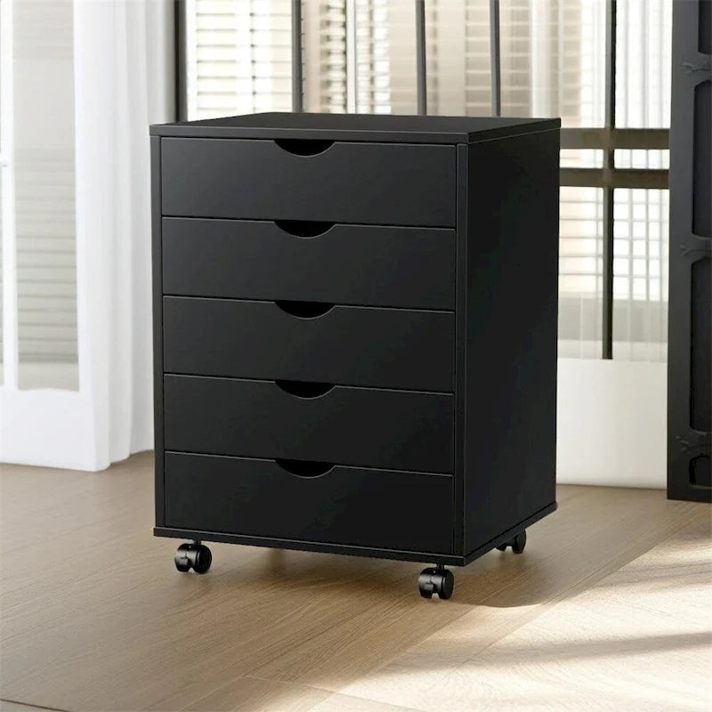 Commode de rangement à 5 tiroirs avec roulettes, Blanc/Noir, Montage à 1 personne