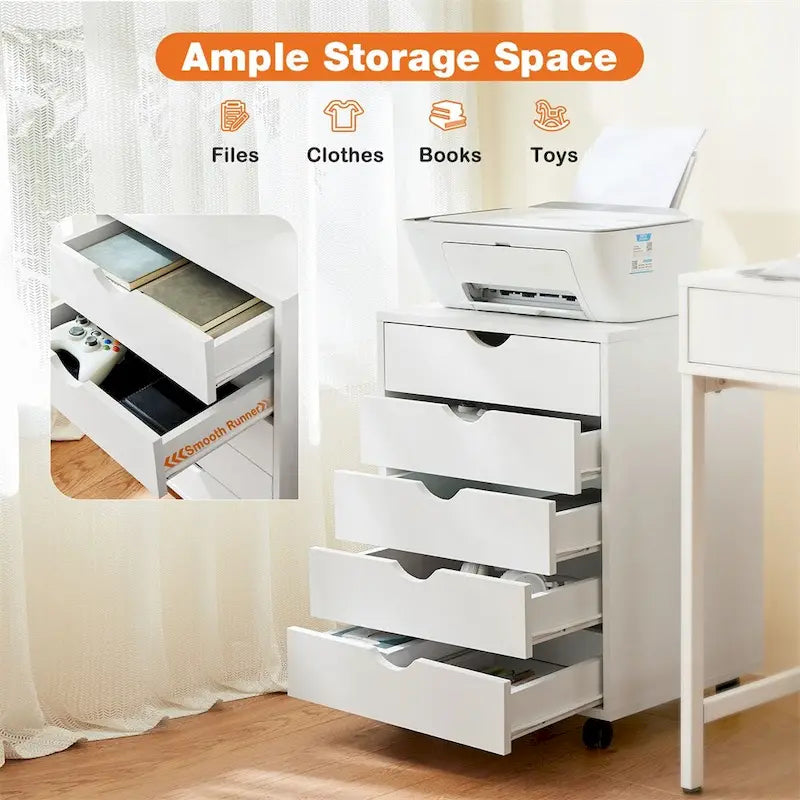 Commode de rangement à 5 tiroirs avec roulettes, Blanc/Noir, Montage à 1 personne