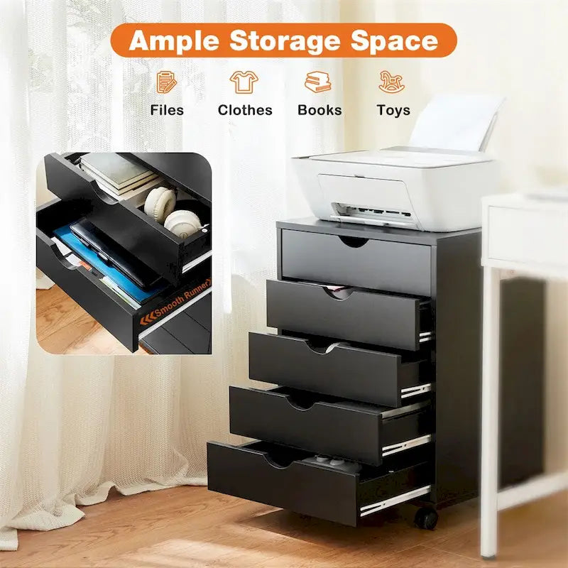 Commode de rangement à 5 tiroirs avec roulettes, Blanc/Noir, Montage à 1 personne