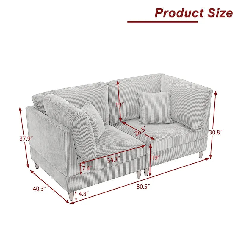 Ensemble de canapé d'angle modulaire en velours côtelé avec coussins – 2 ou 3 pièces