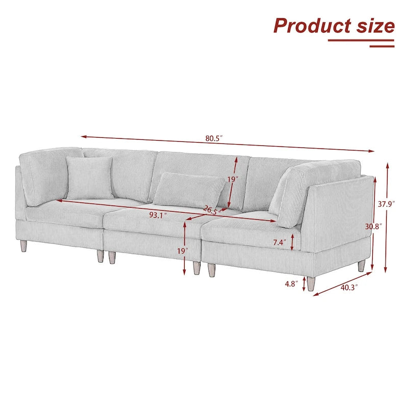 Ensemble de canapé d'angle modulaire en velours côtelé avec coussins – 2 ou 3 pièces
