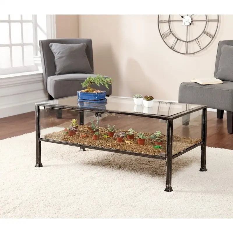 Table basse rectangulaire en métal et verre noir, 1 personne