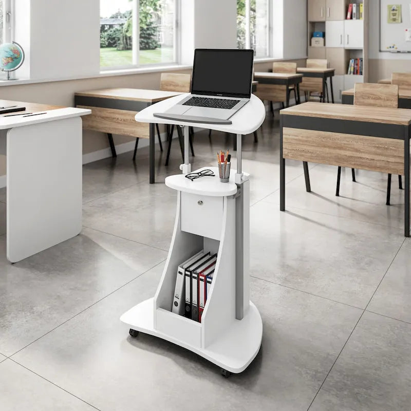 Chariot blanc pour ordinateur portable avec rangement, réglable en hauteur, 1 personne