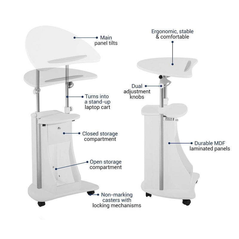 Chariot blanc pour ordinateur portable avec rangement, réglable en hauteur, 1 personne