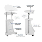 Chariot blanc pour ordinateur portable avec rangement, réglable en hauteur, 1 personne
