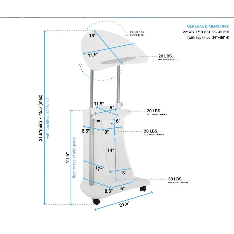 Chariot blanc pour ordinateur portable avec rangement, réglable en hauteur, 1 personne