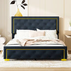 Lit plateforme Queen en velours, tête de lit capitonnée, beige/noir/gris, 2 personnes