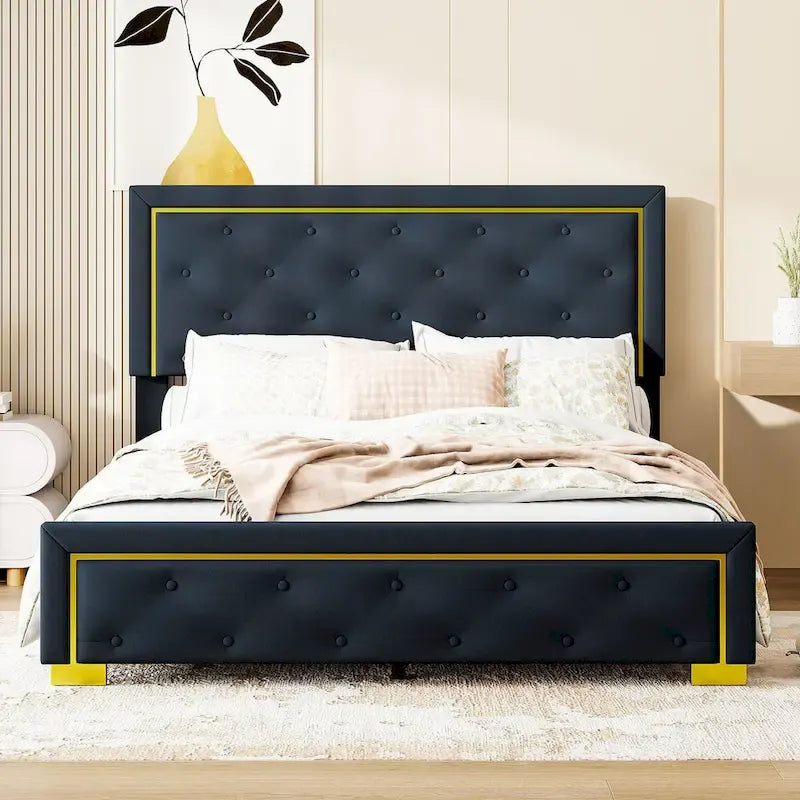 Lit plateforme Queen en velours, tête de lit capitonnée, beige/noir/gris, 2 personnes