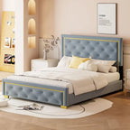 Lit plateforme Queen en velours, tête de lit capitonnée, beige/noir/gris, 2 personnes