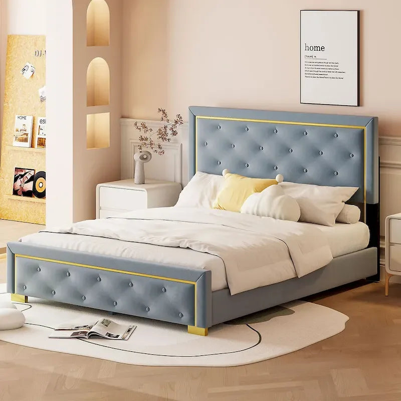 Lit plateforme Queen en velours, tête de lit capitonnée, beige/noir/gris, 2 personnes