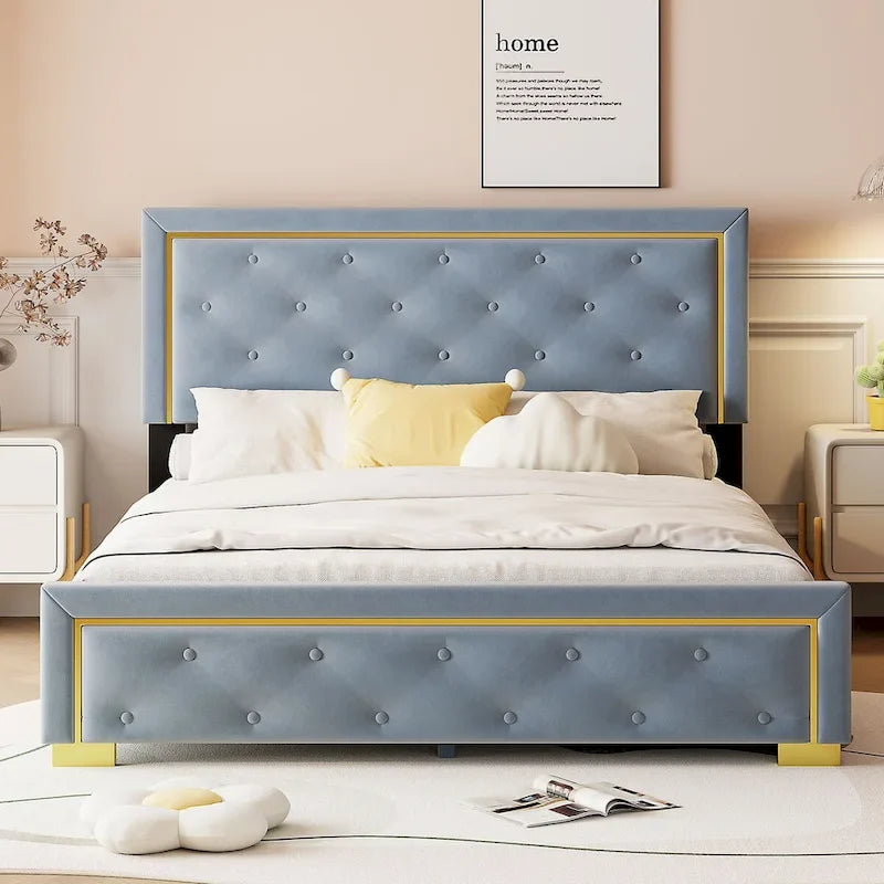 Lit plateforme Queen en velours, tête de lit capitonnée, beige/noir/gris, 2 personnes