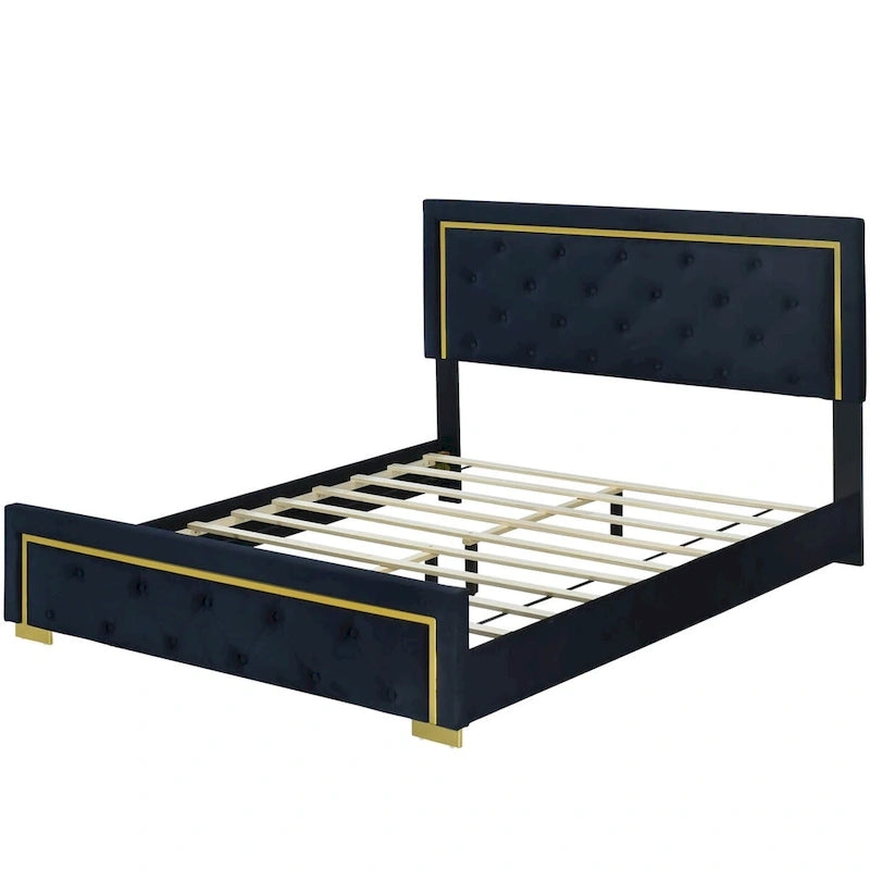 Lit plateforme Queen en velours, tête de lit capitonnée, beige/noir/gris, 2 personnes