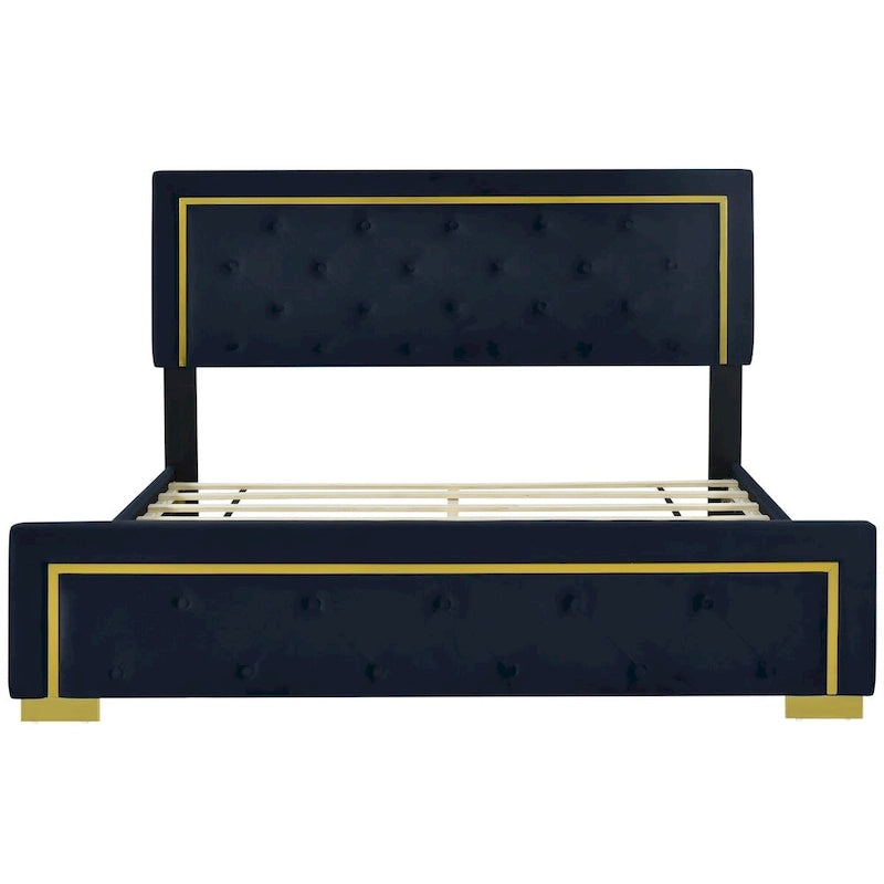 Lit plateforme Queen en velours, tête de lit capitonnée, beige/noir/gris, 2 personnes