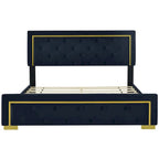 Lit plateforme Queen en velours, tête de lit capitonnée, beige/noir/gris, 2 personnes