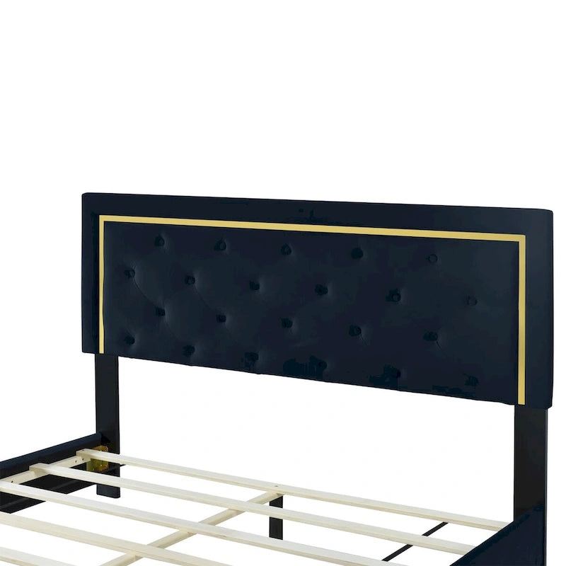 Lit plateforme Queen en velours, tête de lit capitonnée, beige/noir/gris, 2 personnes